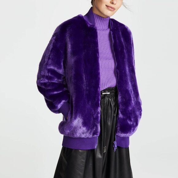 Tibi Luxe Faux Fur Mid Length Sporty Bomber Jacket in Purple